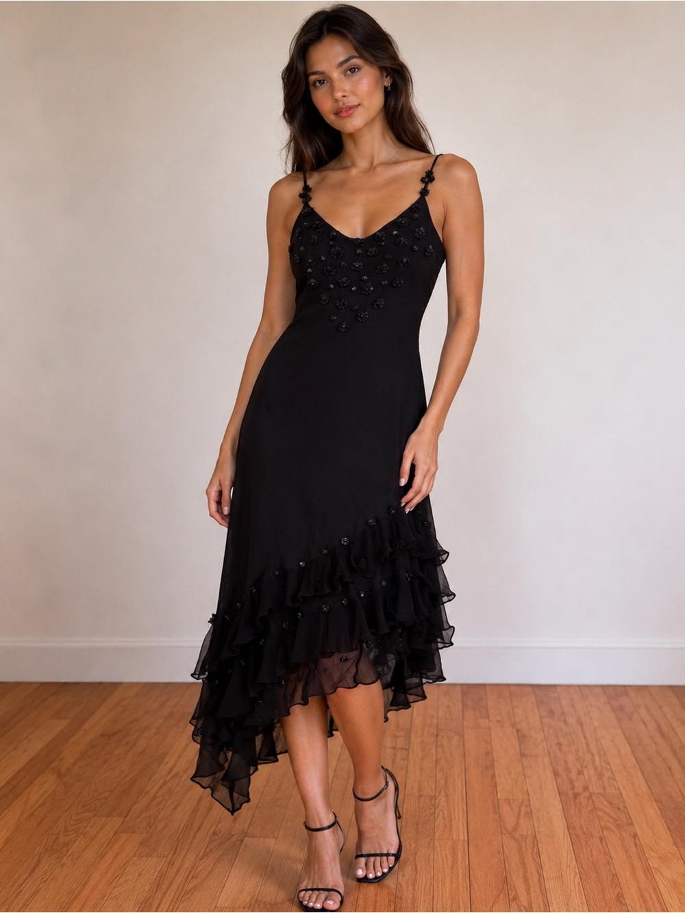 VTG ICE Black V-Neck Ruffle Hem Assymetrical Slip Dress Floral Bead embellished